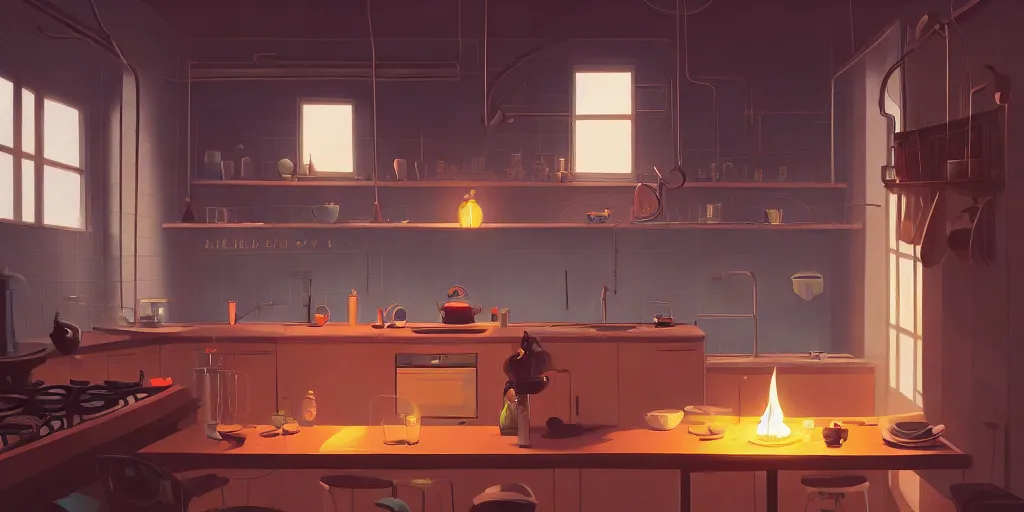 Image similar to minimalistic kitchen dim lit by a candle simon stalenhag gerald brom bastien grivet, fisheye camera, extreme perspective