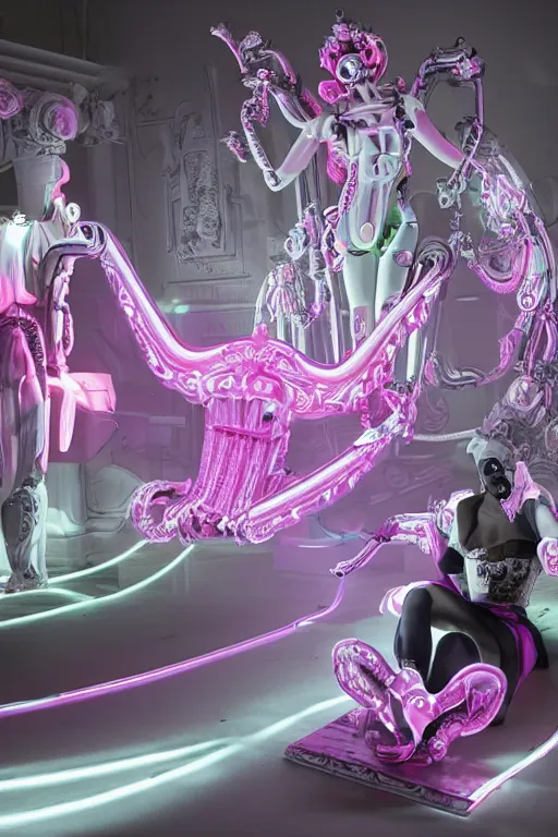 Image similar to full-body rococo and cyberpunk style neon statue of a young attractive Cubano macho dotado e rico android sim roupa reclining con las piernas abertas e la piroca dura, glowing white laser eyes, prince crown of pink gears, diamonds, swirling silver-colored silk fabric. futuristic elements. full-length view. space robots. human skulls. intricate artwork by caravaggio. Trending on artstation, octane render, cinematic lighting from the right, hyper realism, octane render, 8k, depth of field, 3D