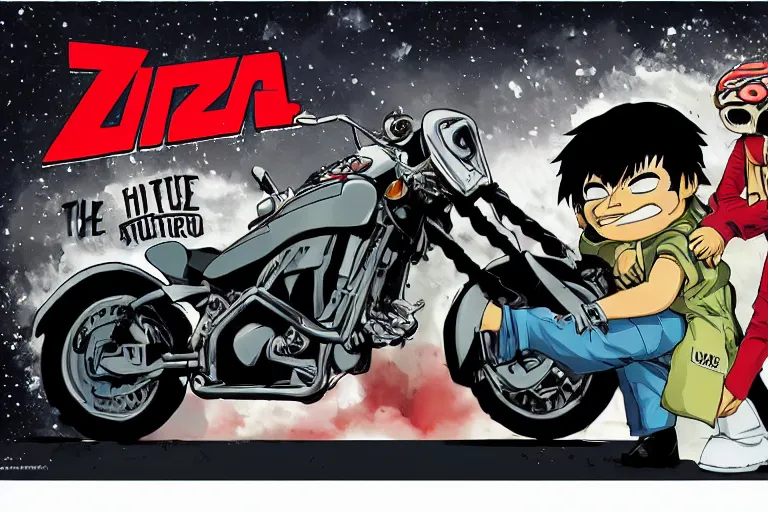 Image similar to pizza the hut, akira's motorcycle, gorillaz, poster, high quality