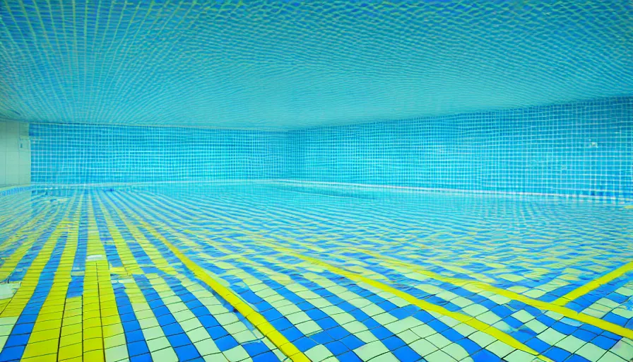 Image similar to 1 9 6 0 s movie still of an empty municipal swimmingpool with yellow tiles with light blue tiles, high quality, high detail, liminal space style