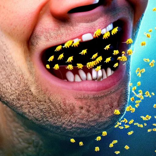 Image similar to photograph of bees crawling out of a smiling mans mouth, 8k resolution, high detail, ULTRA REALISTIC VFX, reflections