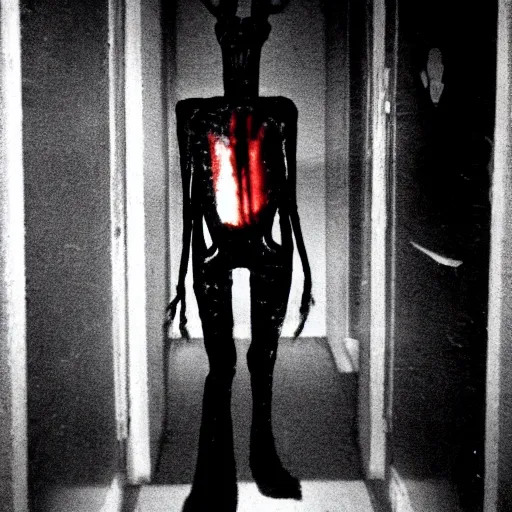 Image similar to a flash photo of creepy wendigo with an unnatural smile standing in a vantablack hallway from a horror movie, it is deformed and is staring at the camera from the end of a dark liminal hallway. caught on vhs, film grain, national geographic award winning photography,