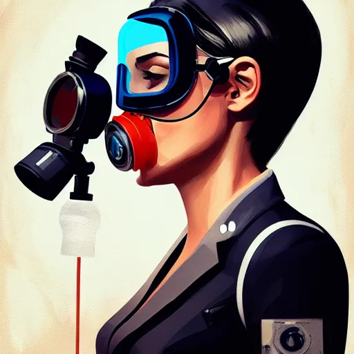 Prompt: a profile photo of a spy with oxygen mask and a gun, side profile in underwater, highly detailed, digital painting, artstation, concept art, smooth, sharp focus, illustration by Sandra Chevrier