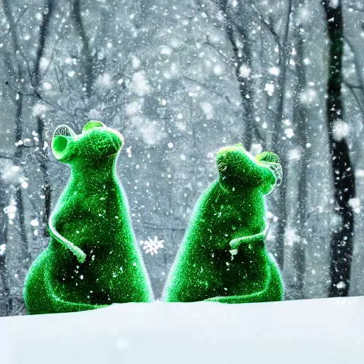 Image similar to 2 mice dancing in the snow, white and grey, green trees, award winning macro shot, in focus, national geographic