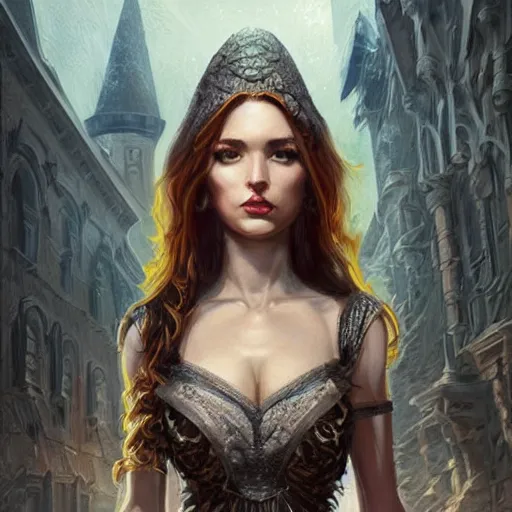 Image similar to a portrait of a young susan saradon as a sorceress, upper half portrait, urban motifs, intricate, elegant, highly detailed, digital painting, trending on artstation, concept art, smooth sharp focus, illustration, art by artgerm and greg rutkowski