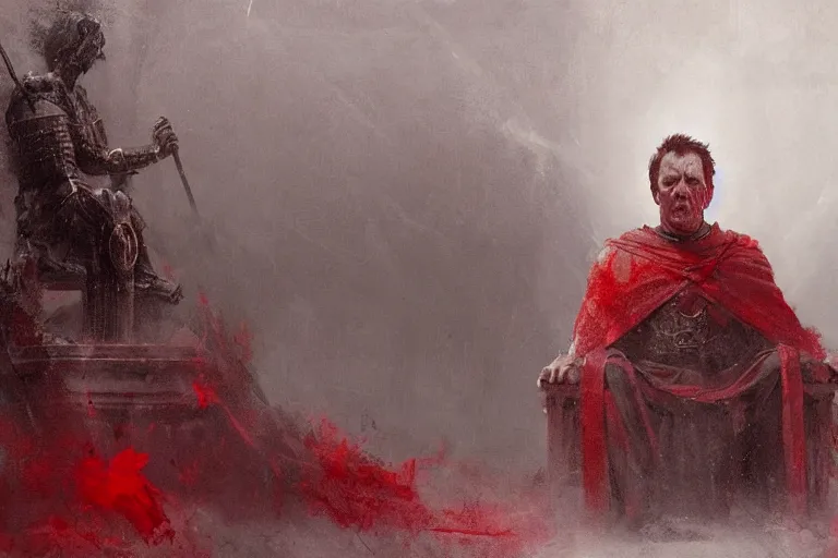 Image similar to the end is near. a tired julius caesar is sitting on his throne. face is highly detailed. splices of red are running down his toga. mist. color scheme red. low angle medium shot. imagined by greg rutkowski and jeremy lipking