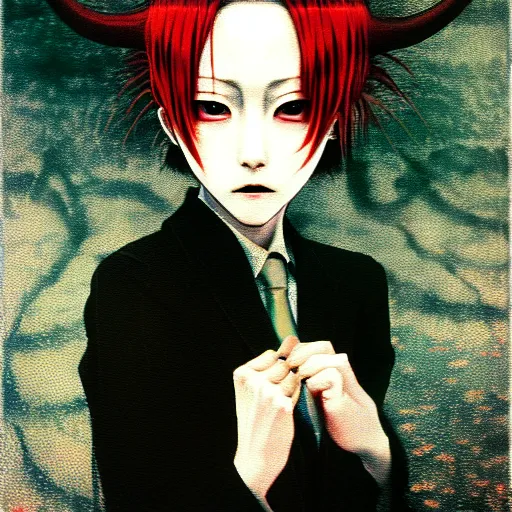 Image similar to yoshitaka amano blurred and dreamy realistic three quarter angle horror portrait of a sinister young woman with short hair, horns and red eyes wearing office suit with tie, junji ito abstract patterns in the background, satoshi kon anime, noisy film grain effect, highly detailed, renaissance oil painting, weird portrait angle, blurred lost edges