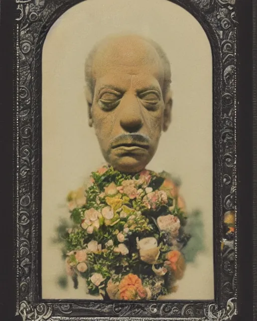 Image similar to a beautiful detailed front view portrait of homer simpson with baroque ornate growing around, flowers, plants, ornamentation, elegant, beautifully soft and dramatic lit, 1 9 1 0 polaroid photo