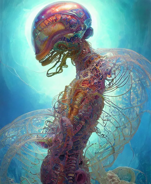 Image similar to intricate colorful transparent portrait of a terrifying beautiful alien sea creature, mottled coloring, adorable, childlike, biopunk environment, ultra realistic, concept art, art nouveau, photorealistic, octane render, 8 k, unreal engine. art by christopher marley and artgerm and greg rutkowski and alphonse mucha