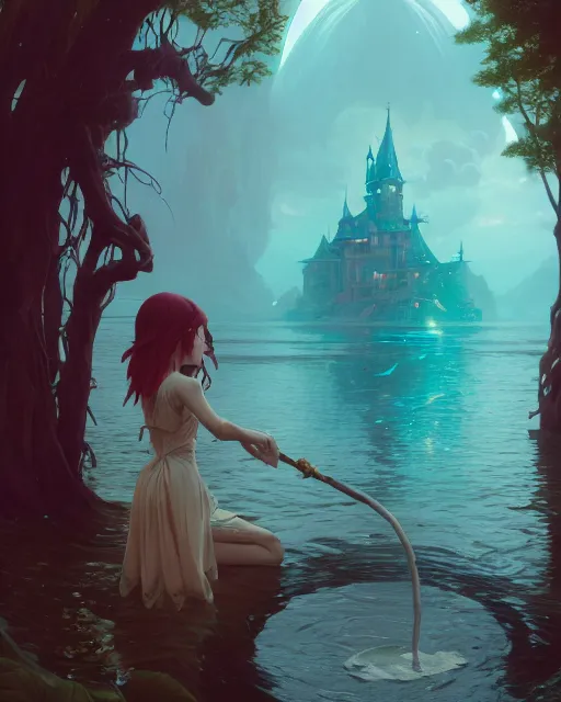 Image similar to highly detailed vfx portrait of a witch casting water magic, unreal engine, greg rutkowski, loish, rhads, beeple, makoto shinkai and lois van baarle, ilya kuvshinov, rossdraws, tom bagshaw, alphonse mucha, global illumination, detailed and intricate environment