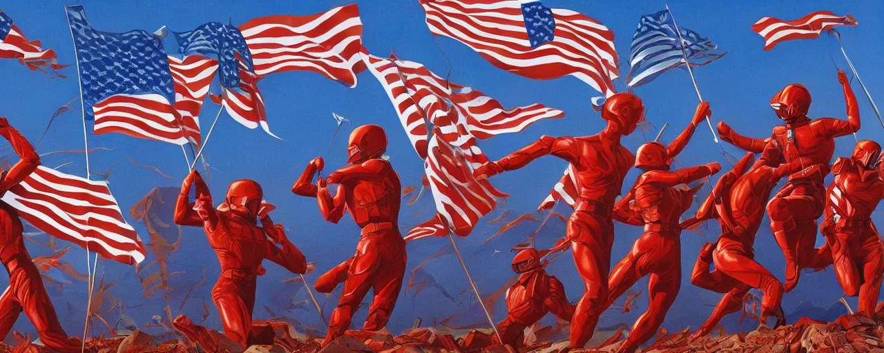Image similar to full color photo of red white and blue androids proudly raising the flag on iwo jima in the style of alex grey and syd mead