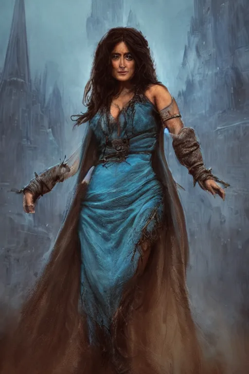 Prompt: portrait, Salma Hayek , sorceress, dressed in tattered blue dress and cloak , face portrait, raphael lacoste, eddie mendoza, alex ross, concept art, matte painting, highly detailed, rule of thirds, dynamic lighting, cinematic, detailed, denoised, centred