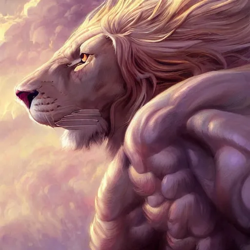 Image similar to aesthetic portrait commission of a albino muscular and attractive anthro lion as a greek god overlord with mane fur turning into cosmic smoke in the clouds, fantasy art, hyperdetailed. Character design by charlie bowater, ross tran, artgerm, and makoto shinkai, detailed, inked, western comic book art, 2021 award winning painting