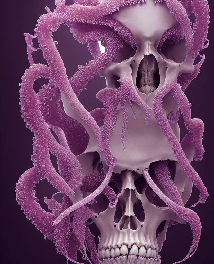 Image similar to symmetry!! goddess close - up portrait human skeleton, ram skull, squid phoenix jellyfish, orchid, betta fish, bioluminiscent, intricate artwork by tooth wu and wlop and beeple. octane render, trending on artstation, greg rutkowski very coherent symmetrical artwork. cinematic, hyper realism, high detail, octane render, 8 k