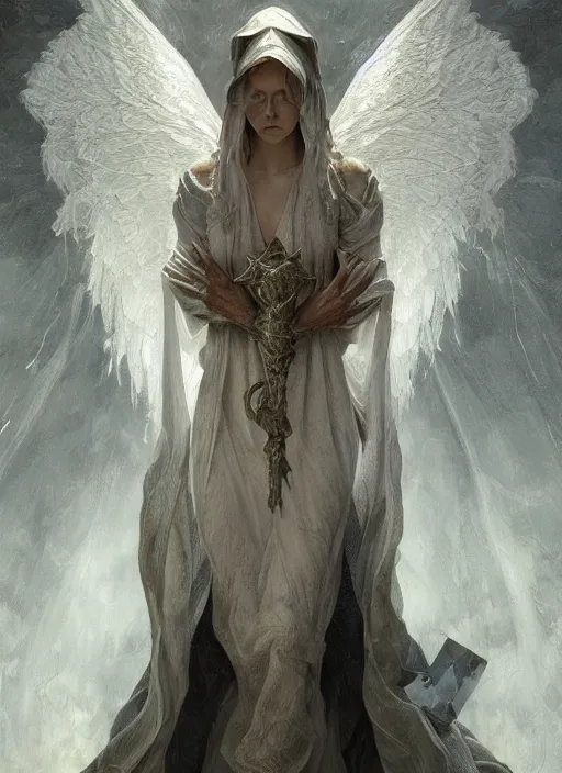 Prompt: angel wizard, physically accurate, moody dynamic lighting, very very intricate, very very elegant, highly detailed, digital painting, artstation, HR GIGER, Hieronymus Bosch, Francis Bacon, concept art, smooth, very beautiful, sharp focus, illustration, art by artgerm and greg rutkowski and alphonse mucha