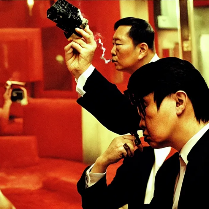 Image similar to smoking trump, wong kar wai style