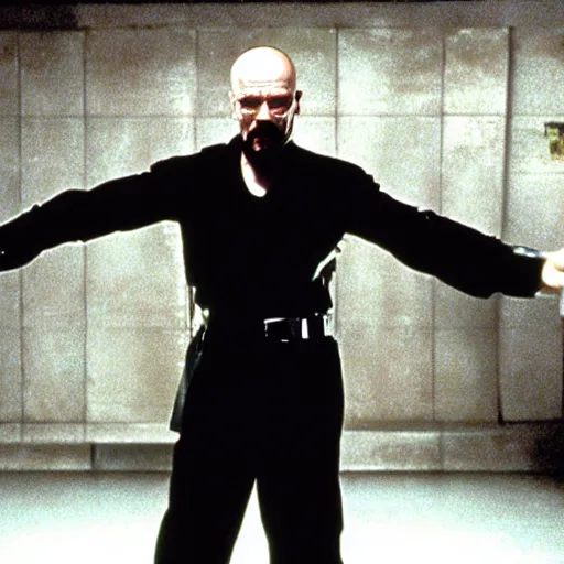 Prompt: movie still of walter white as Neo in Matrix (1999)