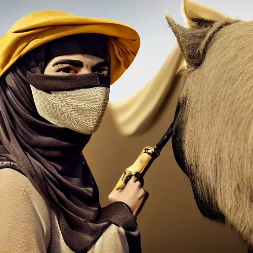Image similar to ultra - photorealistic, burqa woman driving horse and handling weapon, dust, yellow cinematic, 4 k, 8 0 0 mm, uhd, vogue, winning photo of the year, sharp focus, intricate, hyperdetailed