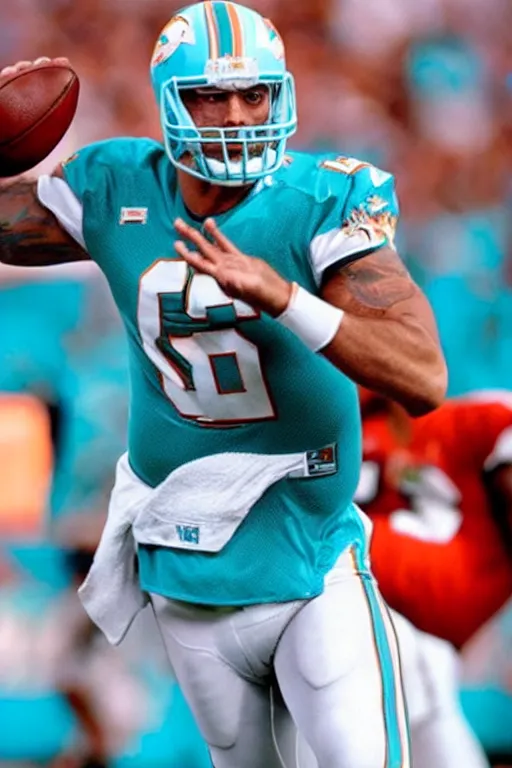 Image similar to The Rock playing quarterback for the Miami Dolphins