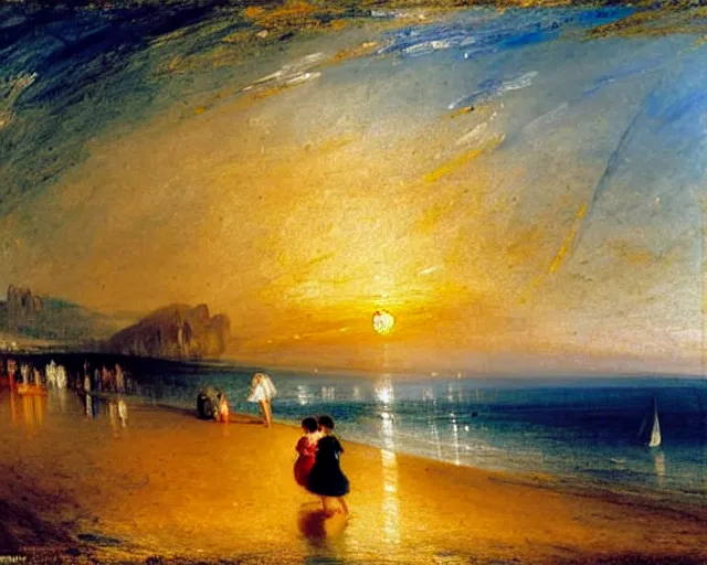 Image similar to a couple and a girl toddler on a beach in sardinia looking at the sunset, there is a sailing boat on the horizon, the woman has long dark hair, white sand, blue sky, summer, white and blue, painting by j. m. w. turner in 2 0 2 2