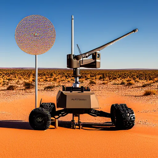 Image similar to peaceful mobile biomimetic rugged anemometer station sensor antenna on all terrain tank wheels, for monitoring the australian desert, XF IQ4, 150MP, 50mm, F1.4, ISO 200, 1/160s, dawn, golden ratio, rule of thirds