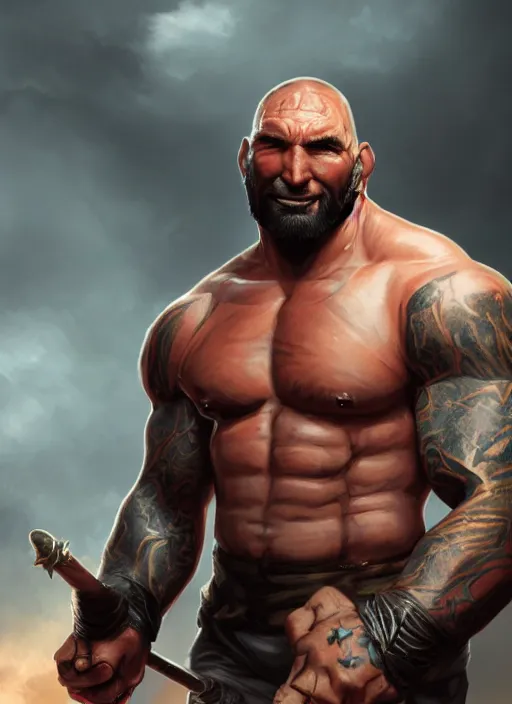 Prompt: A fantasy comic book style portrait painting of Dave Bautista as a half-orc, unreal 5, DAZ, hyperrealistic, octane render, RPG portrait, dynamic lighting