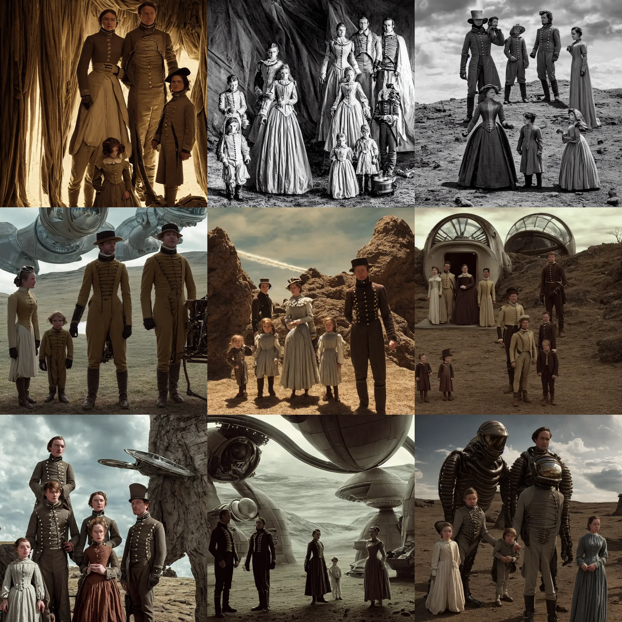 Prompt: sharp, highly detailed, film from a 2 0 1 9 sci fi 1 6 k movie, set in 1 8 5 0, a family standing in front of their spaceship that has just landed on an alien planet, wearing 1 8 5 0 s clothes, atmospheric lighting, in focus, reflective eyes, 3 5 mm macro lens, live action, nice composition