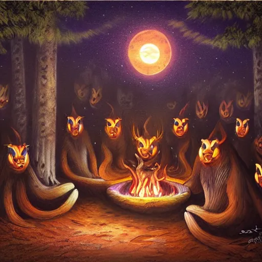 Image similar to strange mythical beasts of sitting around a fire under a full moon, surreal dark uncanny painting by ronny khalil