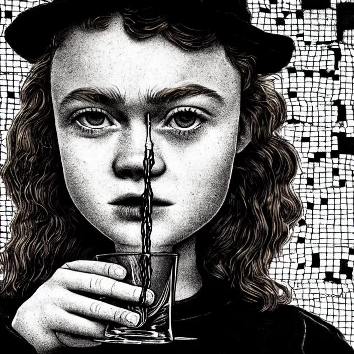 Prompt: extreme close - up on sadie sink as a miner : drinks from a glass. background : black tiles on walls. black and white, pencil and ink. by gabriel hardman, joe alves, chris bonura. cinematic atmosphere, detailed and intricate, perfect anatomy