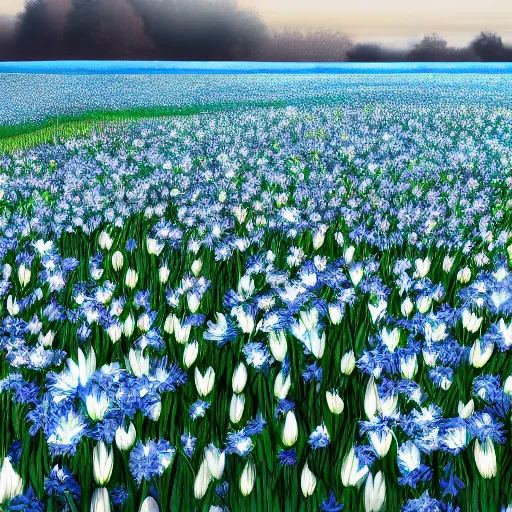 Prompt: field of light blue and white lilys, matte painting