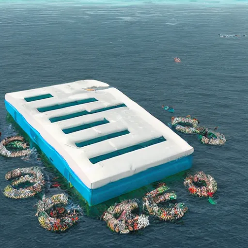 Prompt: Large company headquarters floating in the great garbage patch in the ocean