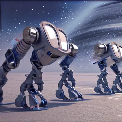 Prompt: 3 d rendered movie still pearlescent quadruped robots from saturn. the robots fight in epic outer space battles and have disco dance contests on saturn. science fiction, blockbuster movie, imax, 7 0 mm, 4 k, future, computer - animated science fiction film, space odyssey, bladerunner, silent running, wall - e