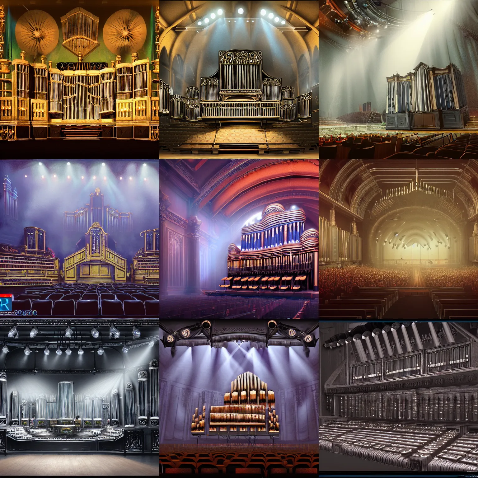 Prompt: a highly detailed matte painting of a pipe organ stereo system hybrid, rock concert stage, spotlights, footlights, fog, volumetric lighting, imax # render, # 8 k resolution, trending on artstation, style of alanlee and johnhowe