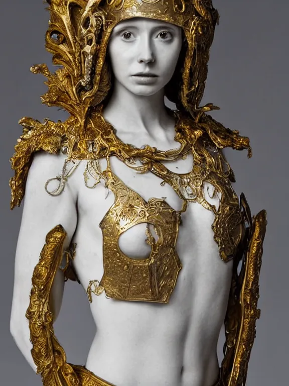 Image similar to a dramatically lit art nouveau white marble head and torso sculpture of a worried young karen gillan as joan of arc, wearing intricate gold plate armor on her chest, delicate, intricate, smooth, beautiful, glowing, by charles van der stappen