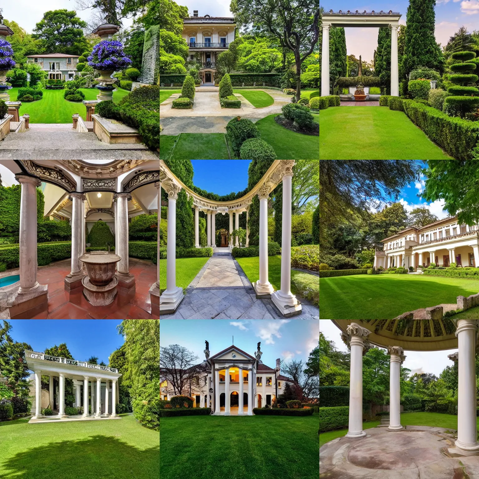 Prompt: <picture quality=hd+ mode='attention grabbing'>A beautiful mansion with a garden and pillars</picture>