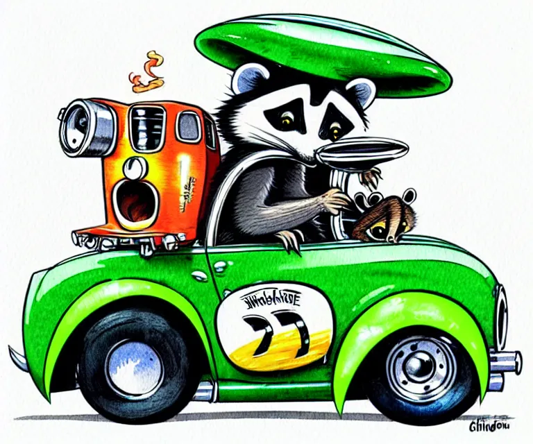 Image similar to cute and funny, racoon wearing a helmet riding in a tiny hot rod coupe with oversized engine while smoking a cigarette, ratfink style by ed roth, centered award winning watercolor pen illustration, isometric illustration by chihiro iwasaki, edited by range murata