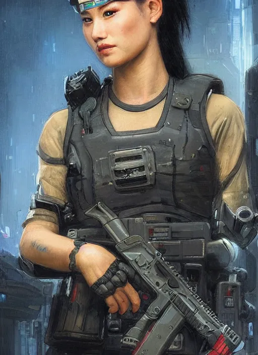 Image similar to Nikki tanaka. beautiful cyberpunk female USN marine wearing a military vest and combat gear. (Cyberpunk 2077, bladerunner 2049, rb6s). gorgeous face. Iranian orientalist portrait by john william waterhouse and Edwin Longsden Long and Theodore Ralli and Nasreddine Dinet, oil on canvas. Cinematic, hyper realism, realistic proportions, dramatic lighting, high detail 4k