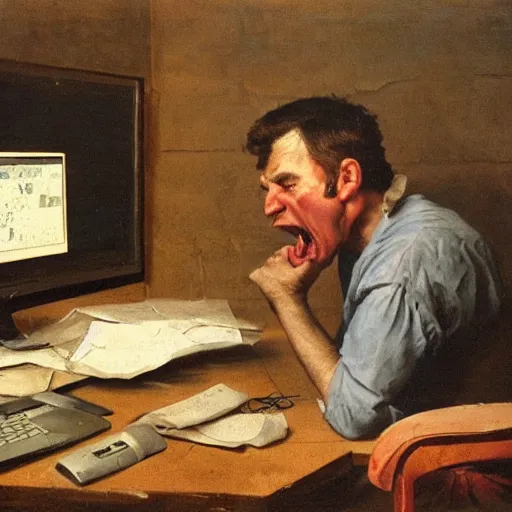 Image similar to an angry man yells at his computer monitor, oil on canvas, 1 8 8 3, highly detailed