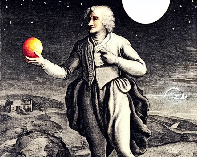 Image similar to isaac newton holding an apple in his hands and looking at the moon