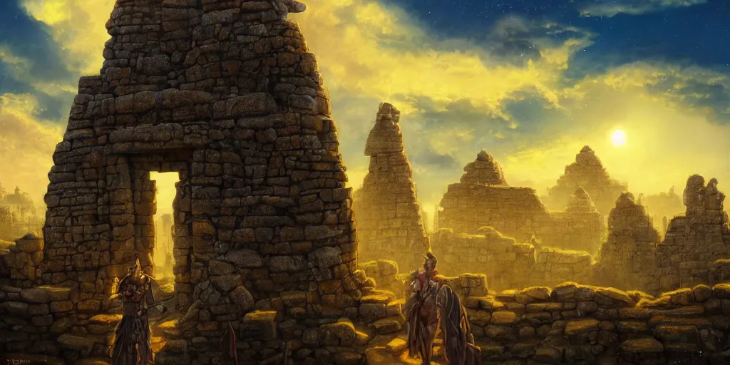 Prompt: fantasy oil painting, megalithic city of vijayanagara, fantasy, colossal, gate, looming, small buildings, warm lighting, street view, silhouetted figure standing overlooking, space port city, epic, distant mountains, bright clouds, luminous sky, cinematic lighting, michael cheval, michael whelan, artstation, oil painting, vray, 8 k hd