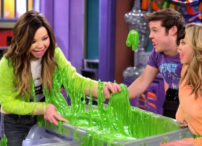 Image similar to the episode of iCarly where everyone gets covered with nickelodeon slime hd