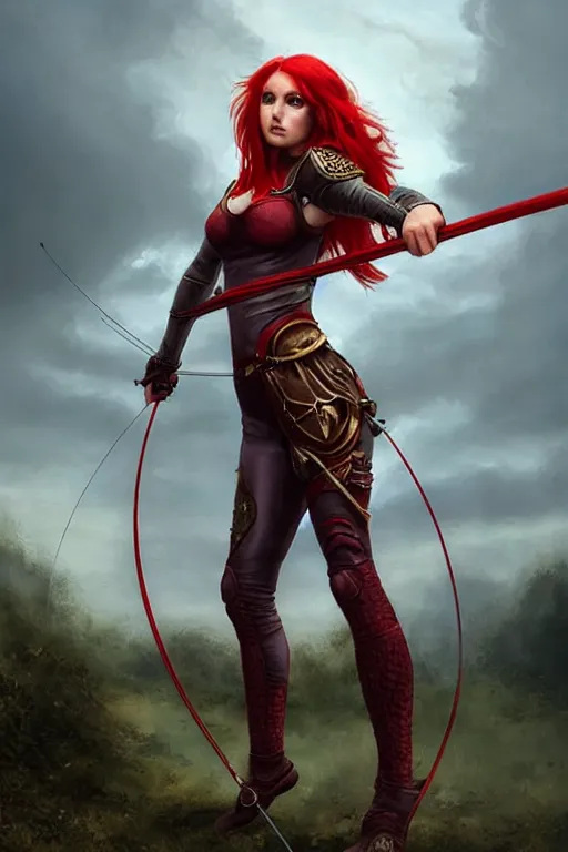 Prompt: Female archer, dnd, d&d, leggins, red skintight leather armor, red hair, looking from a side, visible face!, beautiful face, toned derriere, high fantasy, realistic!, matte painting, by wlop, by tomasz alen kopera