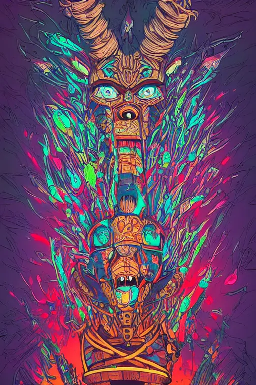 Image similar to totem animal tribal chaman vodoo mask feather gemstone plant wood rock video game illustration vivid color borderlands by josan gonzales and dan mumford radiating a glowing aura