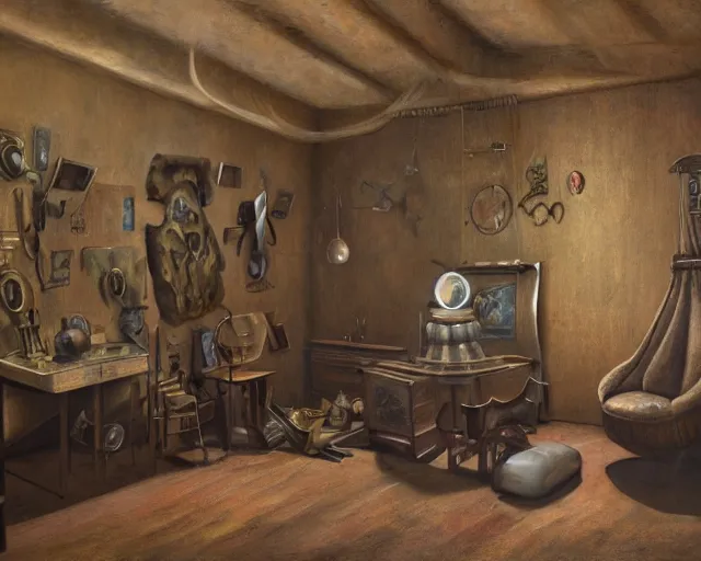 Image similar to a painting of a confusing room filled with unusual artifacts, an airbrush painting by breyten breytenbach, cgsociety!, neo - primitivism