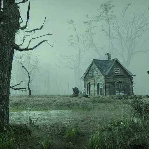 Prompt: a creepy scene of a swampy area with a house in the background, a screenshot by senior environment artist, polycount, gothic art, cryengine, playstation 5 screenshot, unreal engine 5