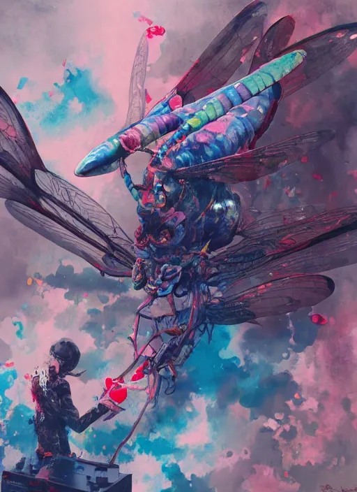 Image similar to surreal gouache painting, by yoshitaka amano, by ruan jia, by Conrad roset, by good smile company, detailed anime 3d render of a Colorful Giant dragonfly sitting on a DJ mixer, portrait, cgsociety, artstation, rococo mechanical and electronic, dieselpunk atmosphere