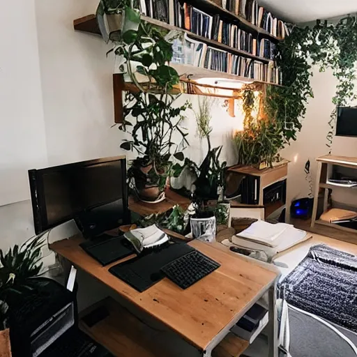 Prompt: a cozy HYGGE gaming station, dim lights, many plants