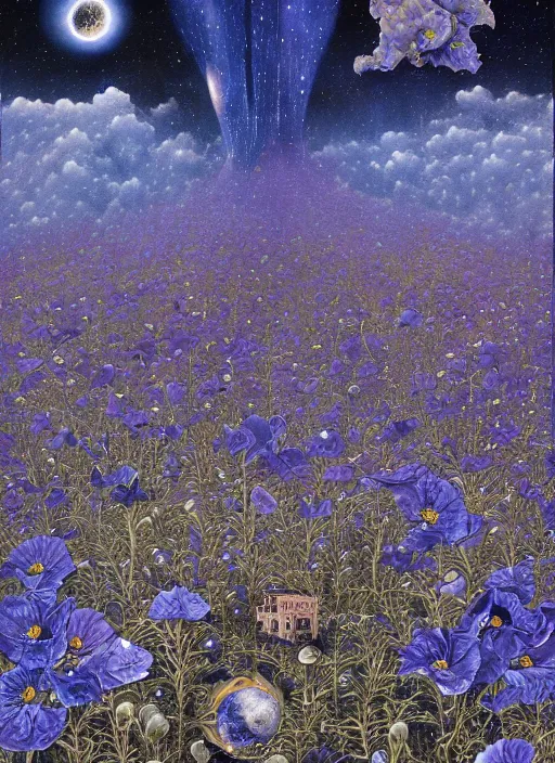 Image similar to detailed, intricate blue black and purple papaverum flower on the field, nebula, galaxy in the sky, winning award masterpiece, fantastically beautiful, illustration, aestheticly inspired, jacek yerka, upscale with anguissola sofonisba work, artstation, 8 k