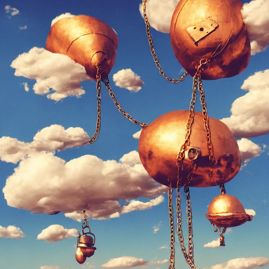 Prompt: beautiful blimps!!! high in the sky, copper chains hanging from the edges, ( ( ( steampunk styled ) ) ), ( ( golden hour ) ), steam clouds, clouds, award winning photography, highly detailed, low poly, extremely wide angle