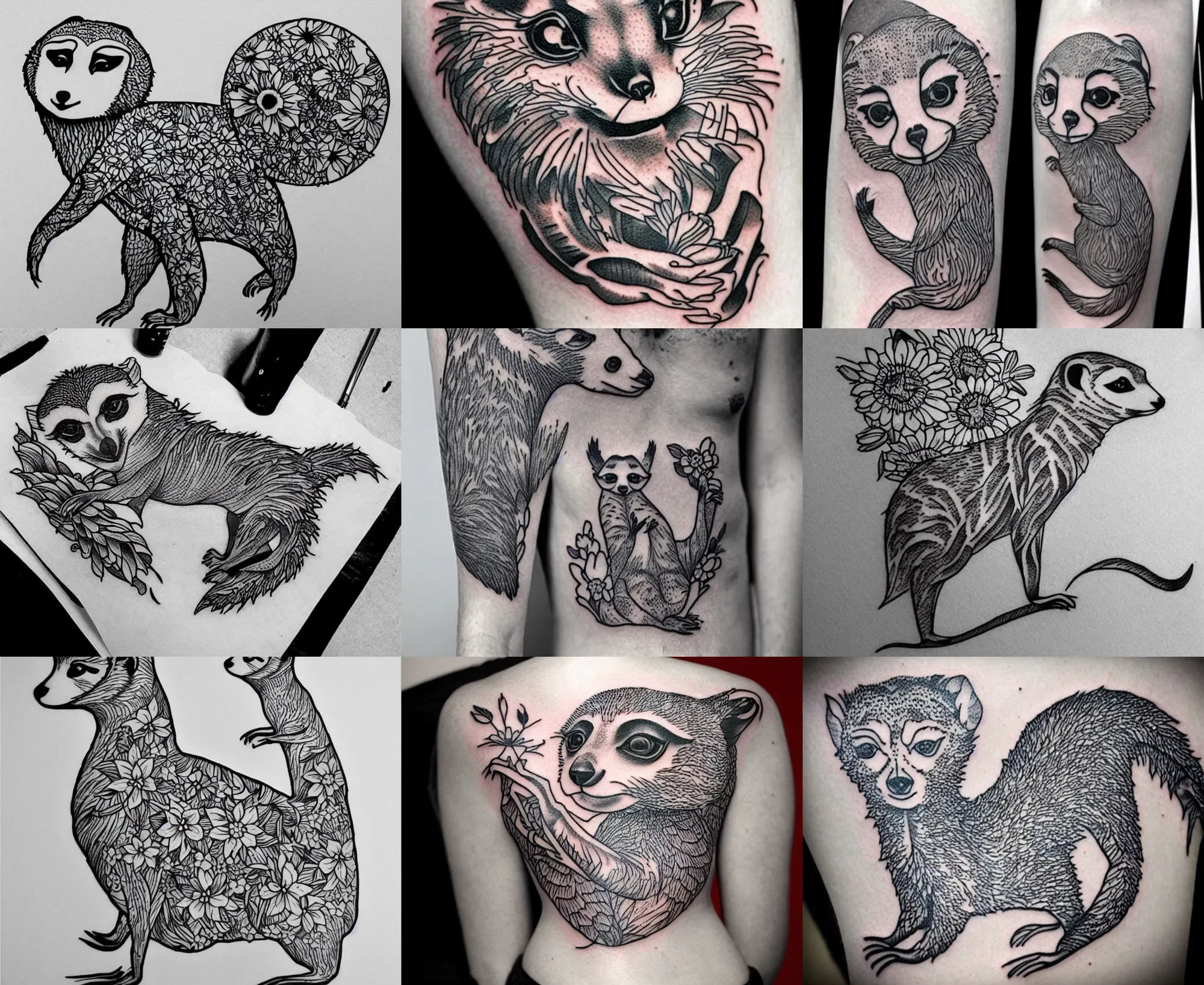 Image similar to detailed amazing tattoo stencil of a meerkcat standing flowers